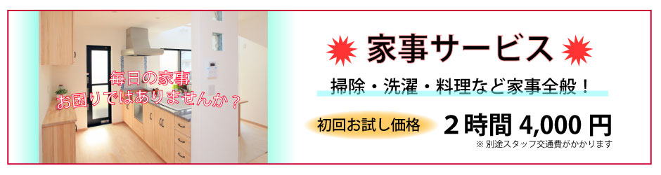 掃除・料理・付添などの家事全般をサポート致します